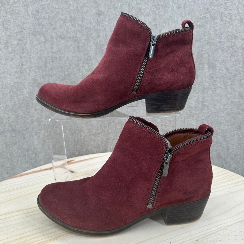 Lucky Brand Bartalino Ankle Boots Womens 10 Burgundy Suede Double Zip Low Heel